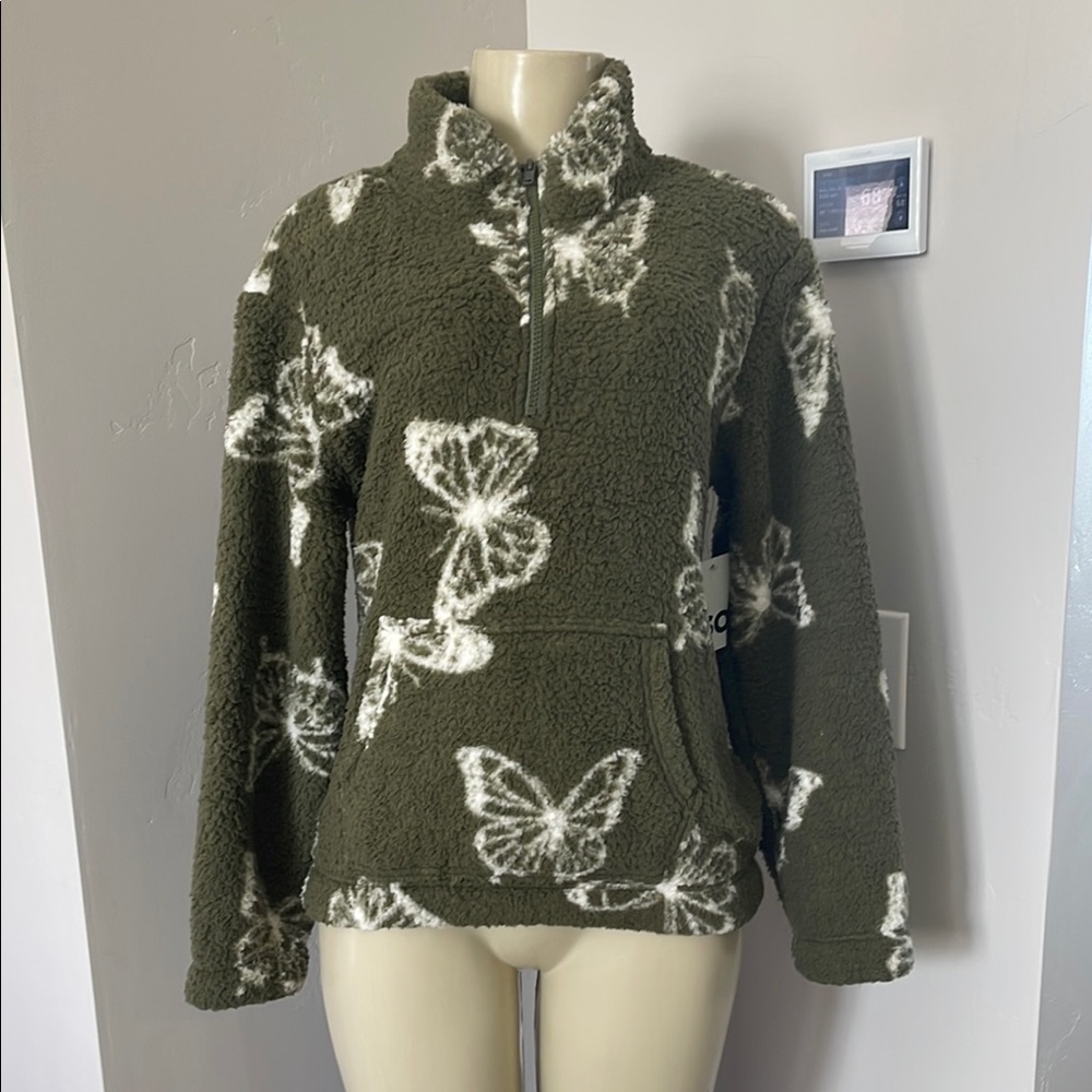 So Cozy Green Butterfly Fleece Pullover size small NWT